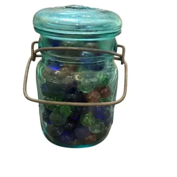 Vintage Blue Glass Jar With Wire Clamp with Glass Marbles - Picture 1 of 9